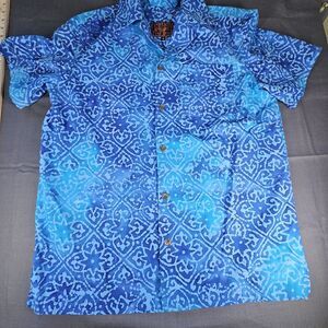 Flameless Shirt Designs Mens Button Up Shirt Blue Batik Short Sleeve Size M